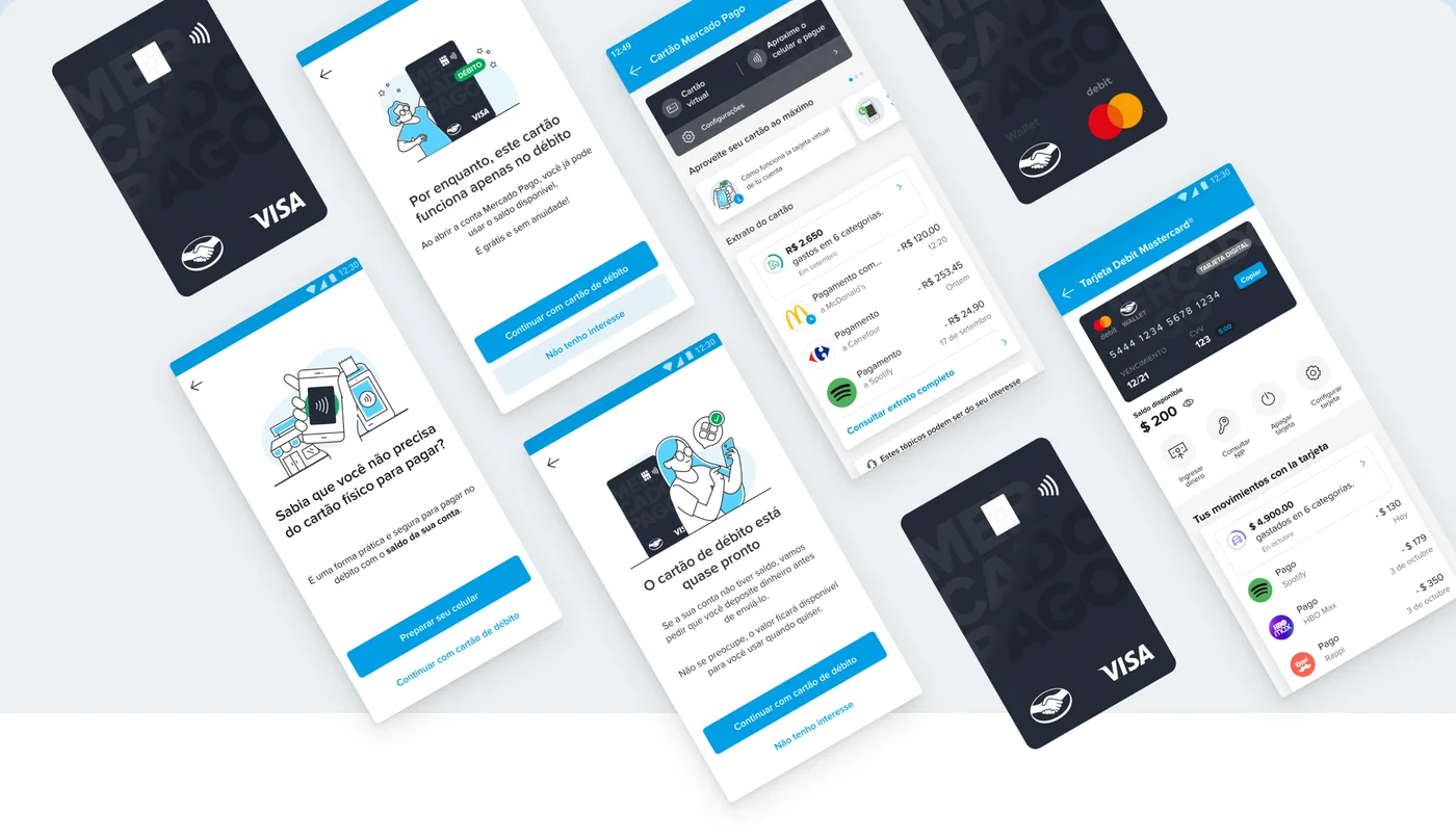 A spread of Mercado Pago card screens and card renders: the debit-only explanation, the prompt to pay without the physical card, the card statement showing spending by category, and the spending breakdown.