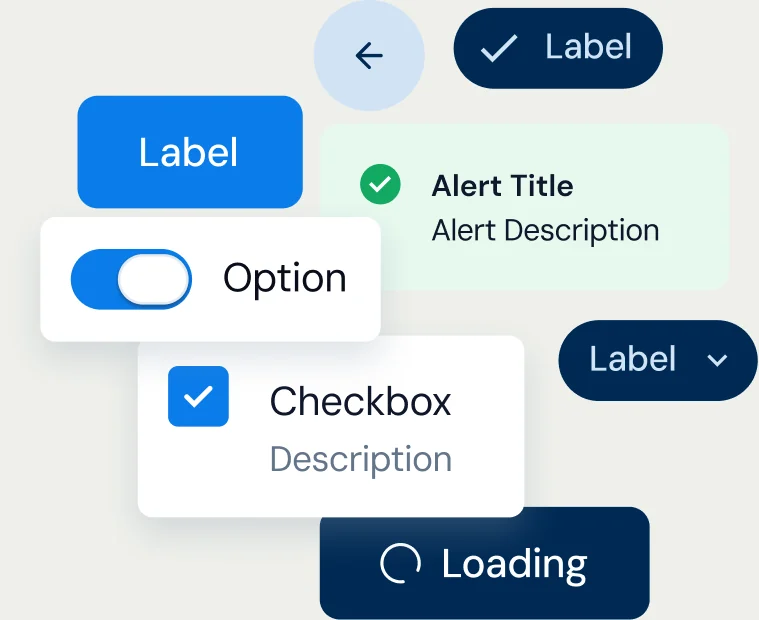 A scatter of interface pieces: buttons, a toggle, a checkbox with description, an alert, a dropdown and a loading state.