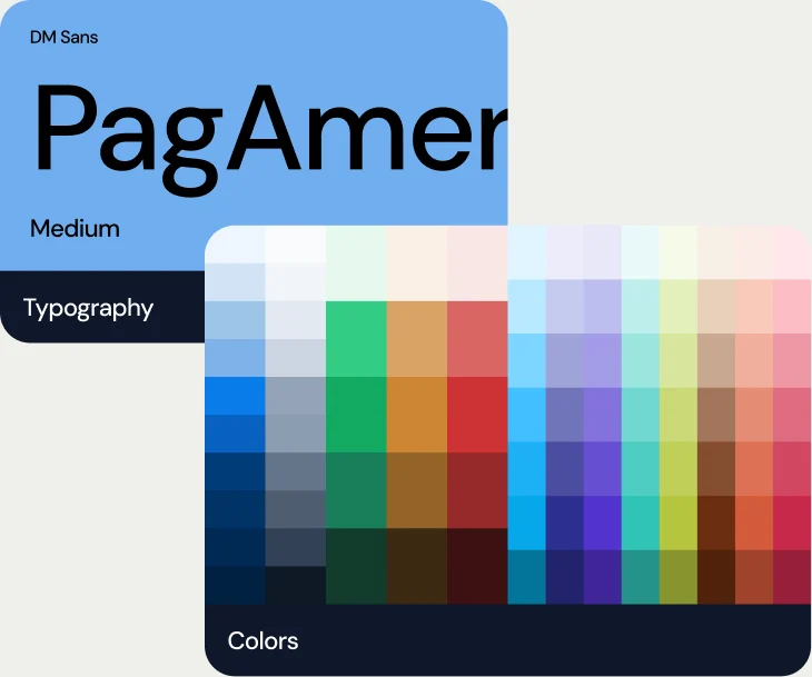 A type specimen showing DM Sans set in PagAmerican blue, beside the colour ramps of the palette.