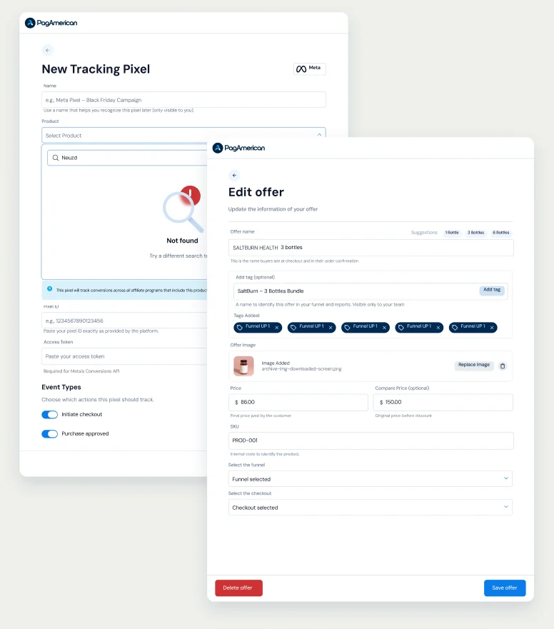 Two full PagAmerican pages stacked at an angle — a new tracking pixel form and an edit offer screen.