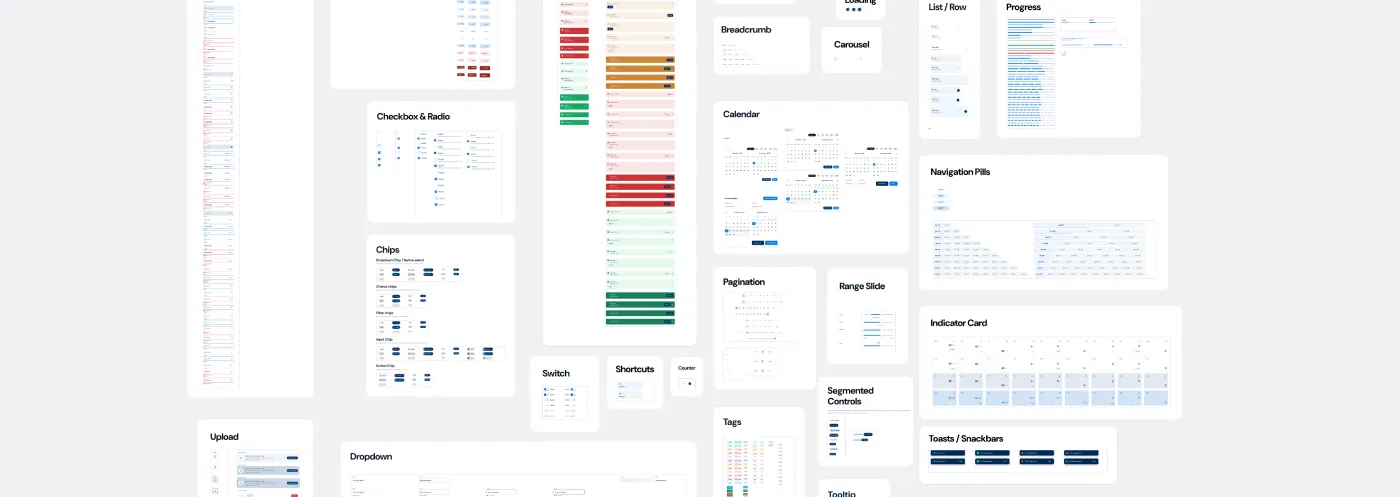 A wall of the PADS library: sheets for breadcrumbs, carousel, calendar, pagination, range slider, segmented controls, tags, toasts, navigation pills, progress, upload, dropdown and the colour ramps.