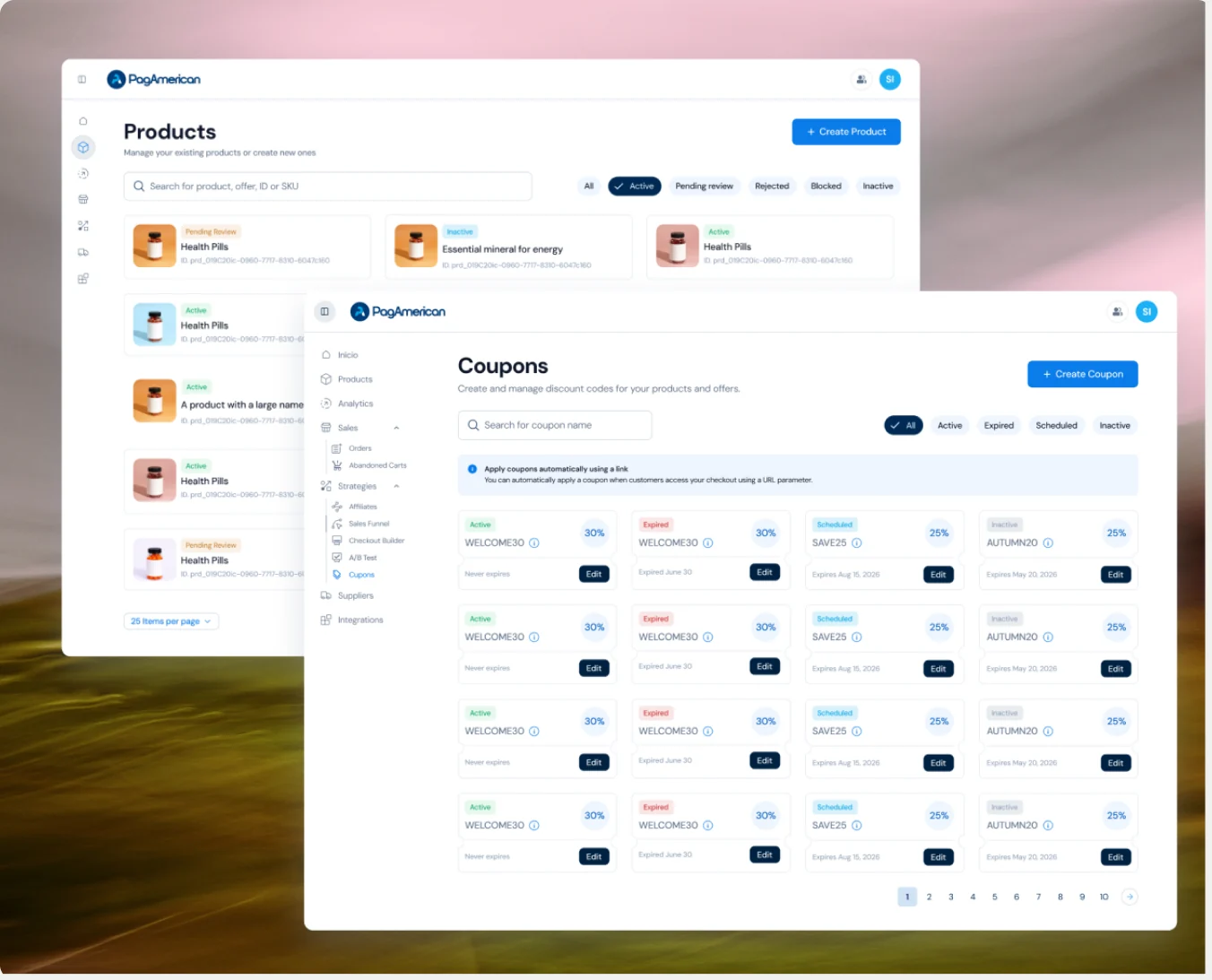 Three PagAmerican screens set side by side &mdash; the products page, the orders table and a product detail &mdash; with the shared structures highlighted across them.